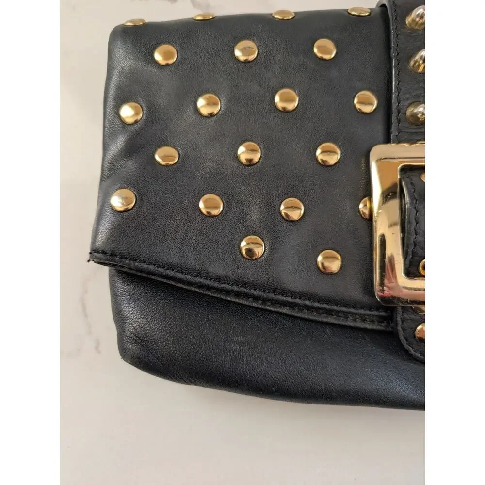 Besso Black Leather Clutch Gold Studded Buckle Fold Over Bag 10.5x6 Grunge...